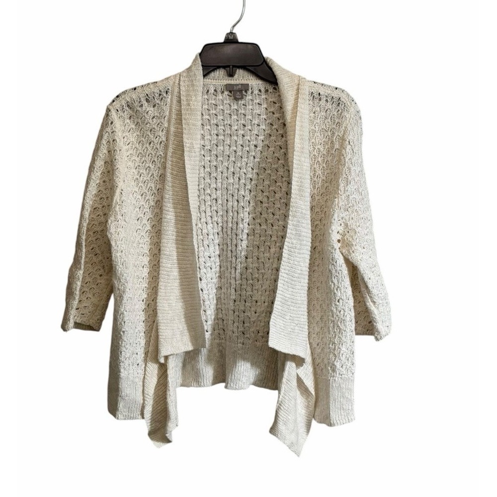 J Jill MP Linen Blend Cardigan Sweater Open Draped Crop Crochet Boho Romantic